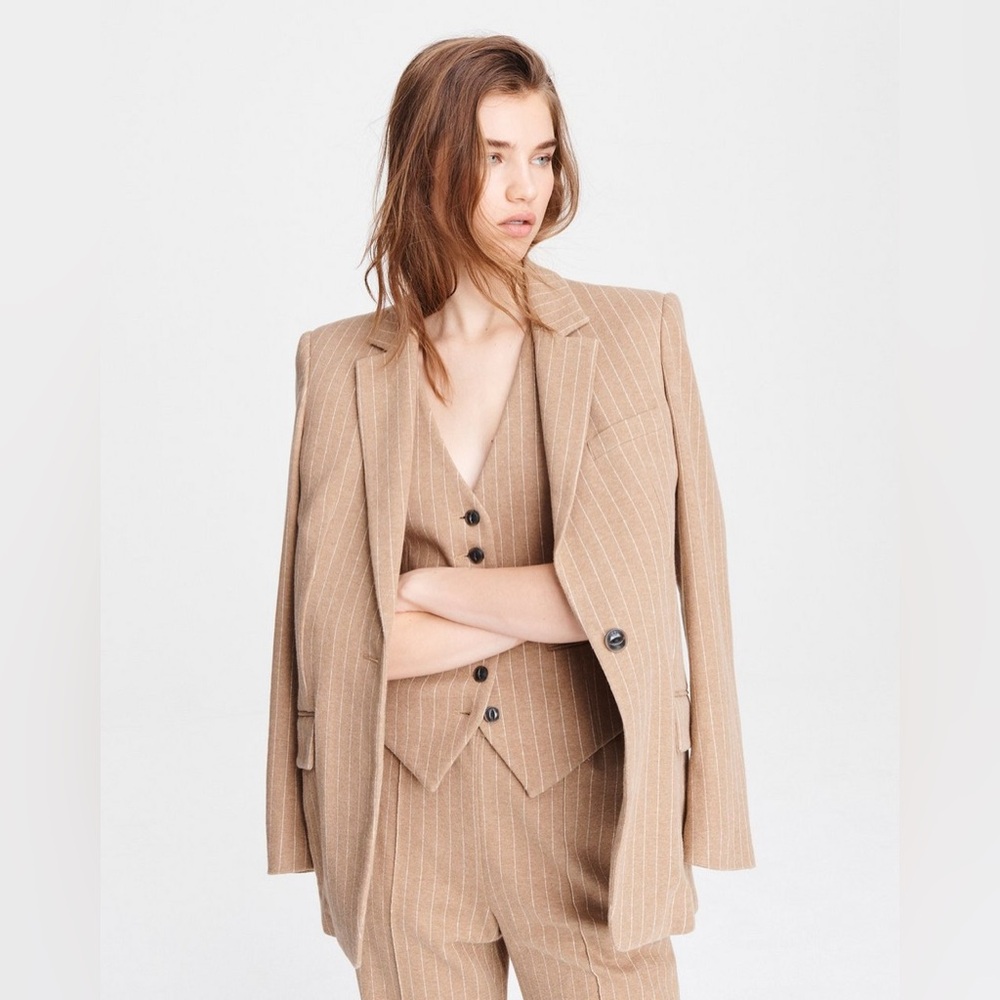 Rag & Bone Ames Camel Tan Cotton Pinstripe Boyfriend Blazer Size 8